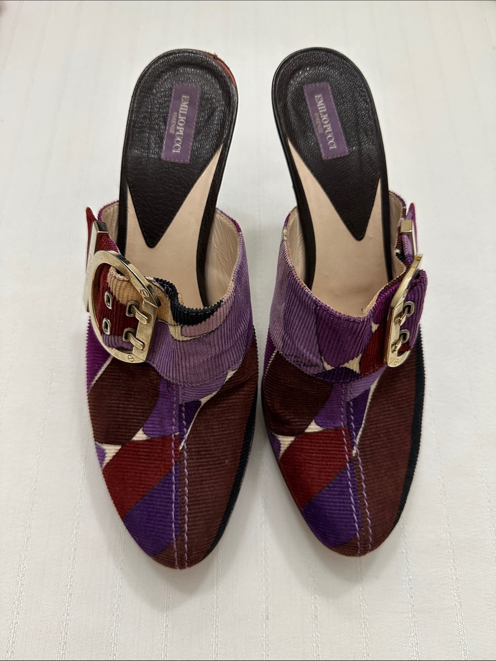 Emilio Pucci Multicolor Patchwork Corduroy Mule with Gold Buckle